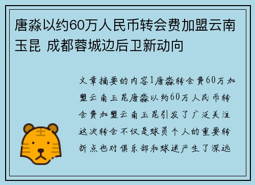 唐淼以约60万人民币转会费加盟云南玉昆 成都蓉城边后卫新动向